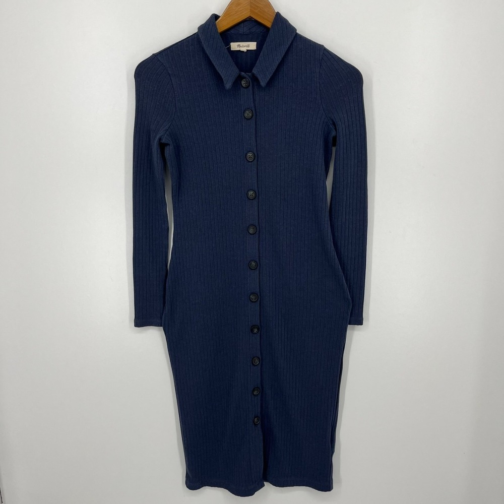 Madewell Dress Women's Size P2XS Navy Blue Ribbed Button Long‎ Sleeve Midi Knit